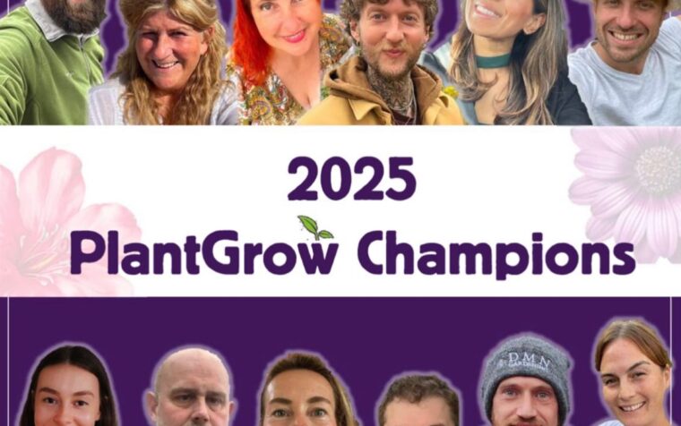 2025 PlantGrow Champions and Ambassadors: twelve smiling gardeners and plant enthusiasts posed against a purple background with pink flowers.